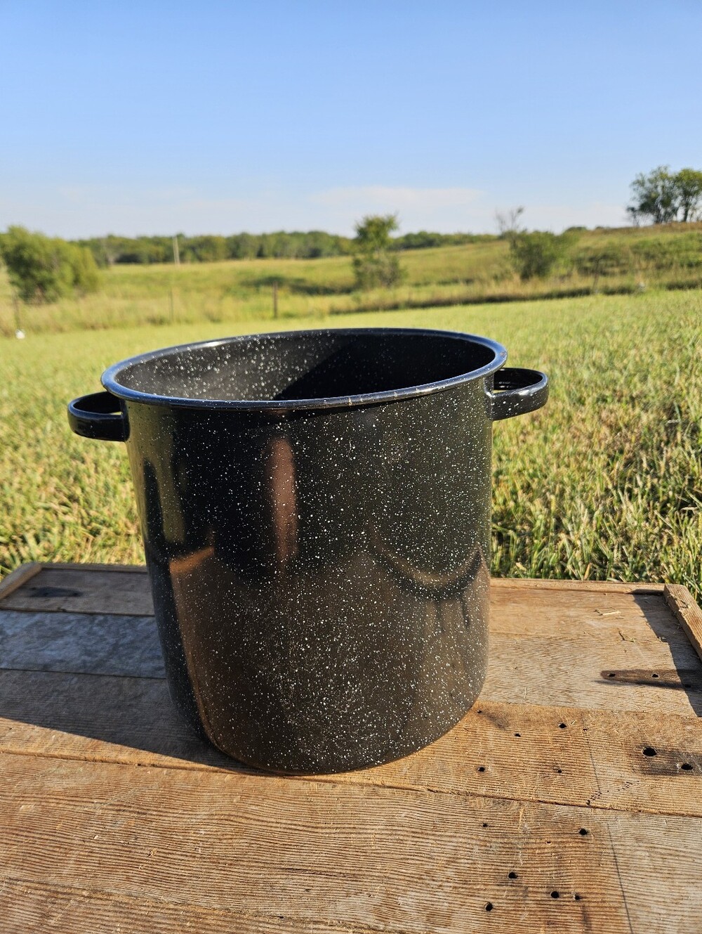 Vintage Graniteware Enamelware Stock Pot Black Speckled Canning Farmhouse Rustic